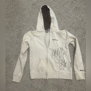 Y2K Toyota Cream Jacket Flame Design Boys Size Medium Brown Hooded Zip Up NASCAR